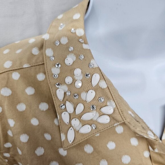Lane Bryant Tan White Polka Dot Blouse Beaded Button-Down 16 - Picture 3 of 12
